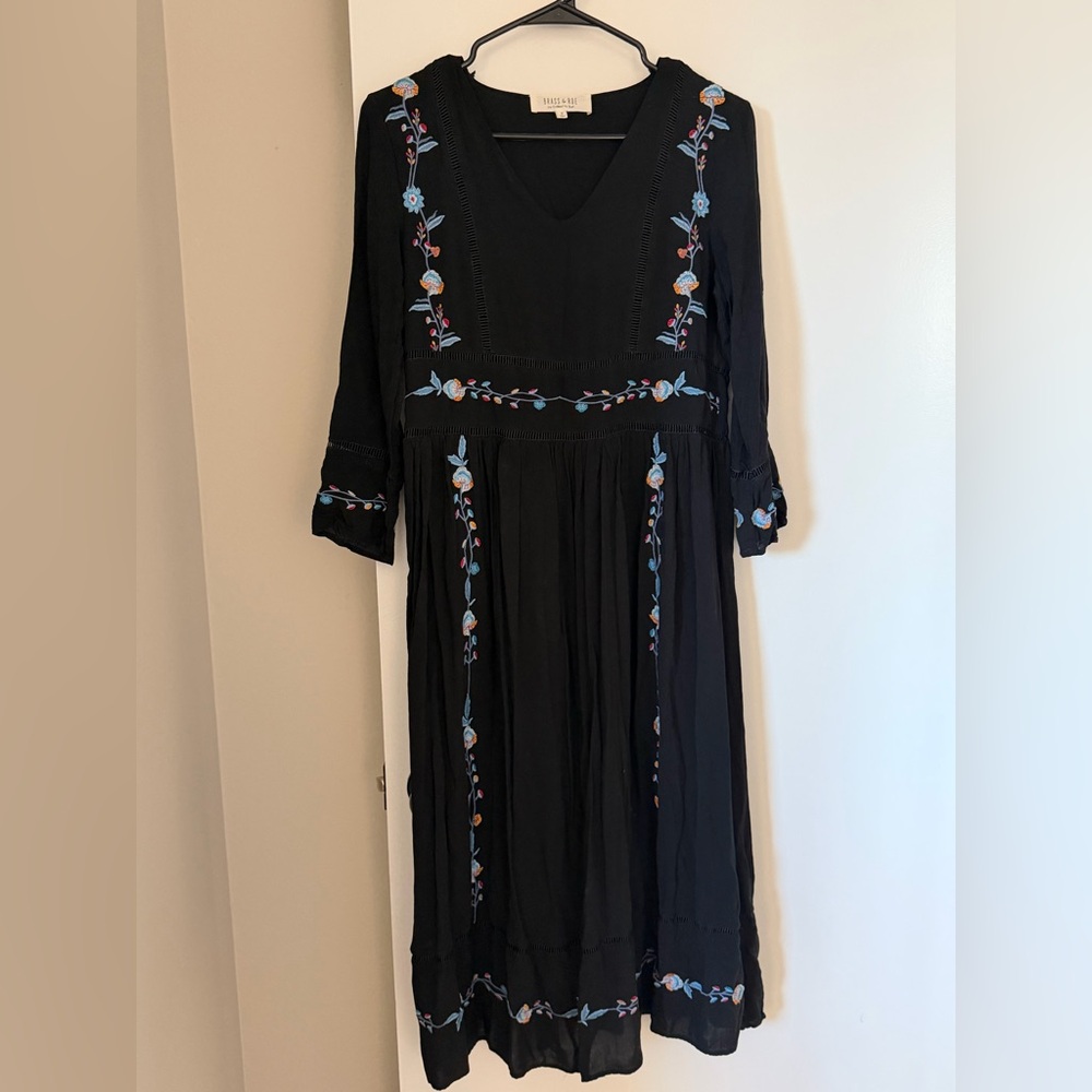 Sundance Black Midi Dress with Blue Floral Embroidery